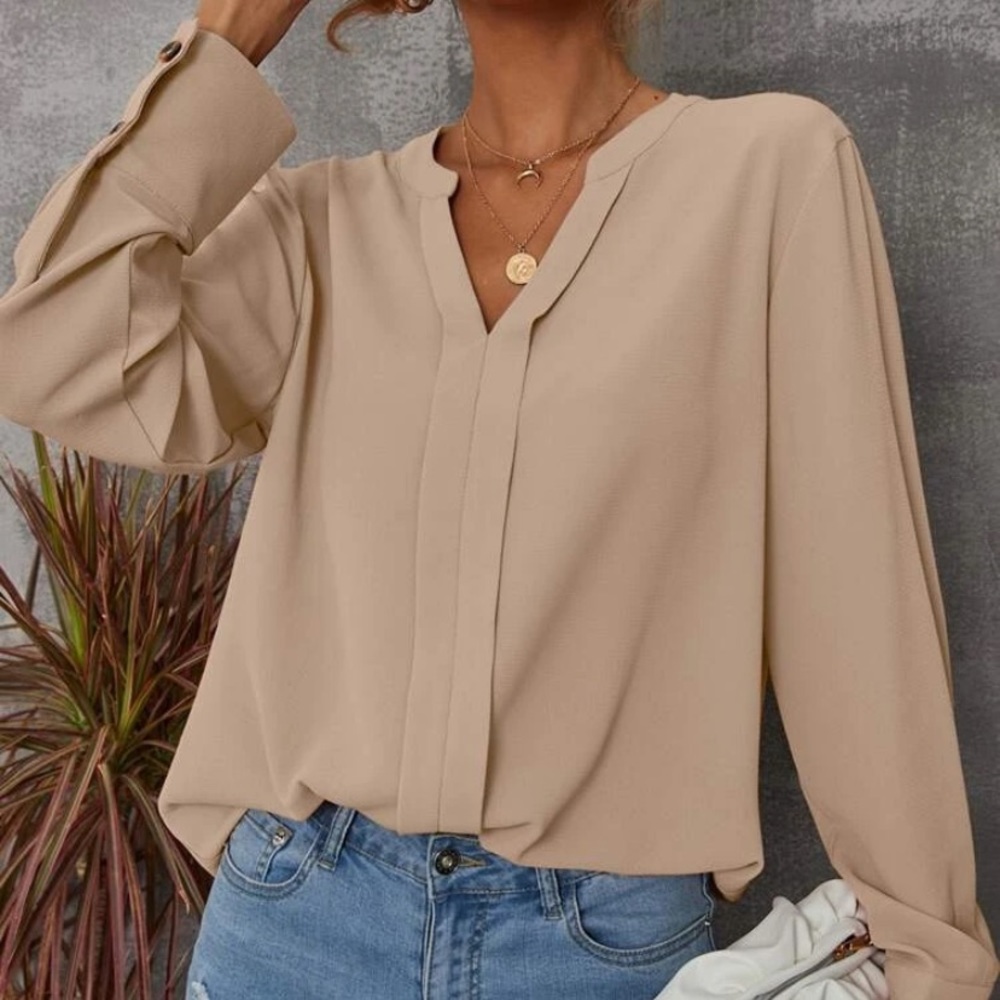 Shein Solid Notched Buttoned Cuff Blouse